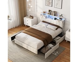 Tweepersoonsbed 140x200 cm met 4 opberglades, gestoffeerd bed met led-/USB-aansluiting, bedframe met hoofdbord en lattenbodem, fluweel Beige