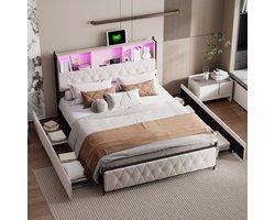 Tweepersoonsbed 140x200 cm met LED-hoofdbord en USB-aansluiting, jeugdbed met lattenbodem en 4 opbergladen, opbergbed, functioneel bed, zonder matras, fluweelbeige