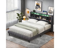 Tweepersoonsbed 140x200 cm met LED & USB/Type-C Oplaadpunt, Opbergvak in Hoofdbord, Tweepersoonsbed met Lattenbodem, Linnen, Grijs