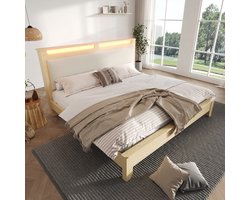 Tweepersoonsbed 140x200 cm met ledverlichting en hoofdbord met opbergruimte - Bed met gestoffeerde rugleuning in beige corduroy - Eiken + Beige