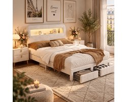 Tweepersoonsbed 140x200 cm met ledverlichting en USB-poort, bed met open planken en verborgen opbergruimte in het gestoffeerde hoofdeinde, bedframe met 2 lades en lattenbodem, fluweel Beige