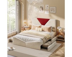 Tweepersoonsbed 140x200 cm met opbergruimte, 4 lades, Gestoffeerd 140x190 met lade en opbergruimte, bedframe met lattenbodem, fluwelen stof, Beige