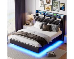 Tweepersoonsbed 140x200 cm met opbergruimte in het hoofdeinde, ledverlichting en geïntegreerde stopcontacten, hydraulisch opbergbed voor jongeren en volwassenen, ideaal voor gamerooms, zwart PU-leer