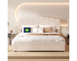 Tweepersoonsbed 140x200 cm met USB - Bedframe met verstelbaar hoofdeinde, Lattenbodem, Opberglade, Bed voor volwassenen en tieners, zonder matras, Beige pluche stof