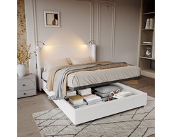 Tweepersoonsbed 140x200 cm wit corduroy met gasveer opbergruimte en leeslamp