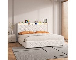 Tweepersoonsbed 140x200 cm - Wit Fluwelen Bedframe met Hydraulische Opbergruimte - RGB LED Verlichting en USB/USB-C-Oplaadpoorten in het Hoofdbord - Gestoffeerd Opbergbed