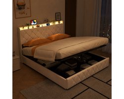 Tweepersoonsbed 140x200 cm - Wit Fluwelen Opbergbed met Hydraulisch Opbergsysteem - Gestoffeerd Bedframe met RGB LED Verlichting, USB- en USB-C-Oplaadpoorten