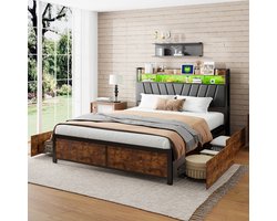 Tweepersoonsbed 140x200 cm Zwart – 4 Lade Opbergbed met LED Hoofdbord & USB