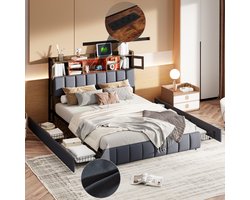 Tweepersoonsbed 140x200 cm – Zwart Linnen, Opbergbed met 4 Lades, LED Verlichting & USB Oplaadpunt