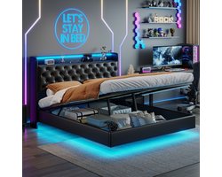 Tweepersoonsbed 140x200 cm – Zwart PU bed met LED, hoofdbord-opslag, hydraulische gasveer, USB & Type-C – Modern opbergbed