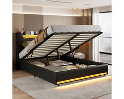 Tweepersoonsbed 140x200 cm – Zwart PU, LED, USB bij hoofdeinde, Hydraulisch opbergbed