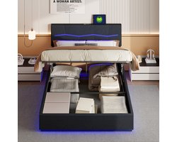 Tweepersoonsbed 140x200 cm zwart PU met gasveer opbergruimte, LED-verlichting en USB-oplader