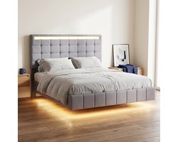 Tweepersoonsbed 140x200 cm - Zwevend Bed met LED-verlichting en 2 USB-poorten - Gestoffeerd Bed van Linnen - Moderne Stijl - Grijs