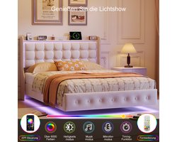 Tweepersoonsbed 140x200 cm - Zwevend bed met LED verlichting en USB-C oplaadstation, Gestoffeerd hoofdeinde en lattenbodem, Jongerenbed Wit Fluweel (Zonder matras)