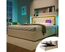 Tweepersoonsbed 140x200 - Lattenbodem - 300 kg Draagvermogen - Opbergruimte onder Bed - Verstelbare LED-verlichting - 2 USB + 2 Type-C-poorten - Katoen Hoofdbord Beige