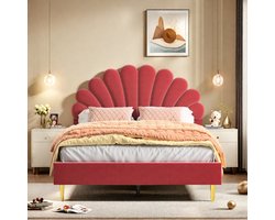 Tweepersoonsbed 140x200 – Rood Fluwelen Gestoffeerd Bed met Bloem Hoofdbord