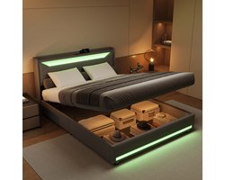 Tweepersoonsbed 140x200cm grijs linnen, hoofdeinde met USB-oplader + LED-verlichtingsstrip aan hoofdeinde en voeteneinde, hydraulisch opbergbed, geschikt voor volwassenen en tieners