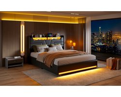 Tweepersoonsbed 140x200cm, hoofdbord met USB, hoofdbord en voeteinde met LED, opbergruimte onder het bed, gasveerfunctie, zwart