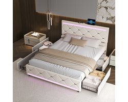 Tweepersoonsbed 140x200cm, met 4 lades, gestoffeerd bed met LED en oplaadpoort, kingsize bed, functioneel bed, beige fluweel