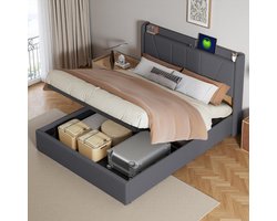 Tweepersoonsbed 140x200cm met Opbergruimte en USB-C, Hydraulisch Linnen Bed met Lattenbodem en Hoofdbord, grijs