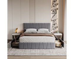 Tweepersoonsbed 160 x 200 cm, gestoffeerd bed met opbergruimte, 4 lades, volwassen/tienerbed, lattenbodem, slaapkamermeubilair, fluweel, grijs zonder matras (verzonden in 2 pakketten)