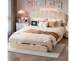 Tweepersoonsbed 160 x 200 cm, met lade, bedframe van teddy met USB-laadstation, verstelbaar hoofdeinde en lattenbodem, voor volwassenen en jongeren, fluweel (beige)