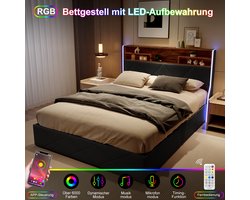 Tweepersoonsbed 160×200cm Met USB Opladen en RGB LED Verlichting, Beddenkop Met Drie-Lagen Opbergplanken, Hydraulische Opbergruimte Onder Bed, Opbergbed voor Jeugd en Volwassenen, Zwart PU Leer