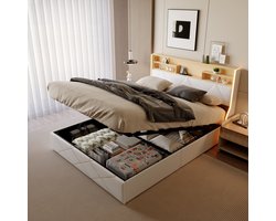 Tweepersoonsbed 160×200cm Met USB Opladen en RGB LED Verlichting, Beddenkop Met Drie-Lagen Opbergplanken, Hydraulische Opbergruimte Onder Bed, Opbergbed voor Jeugd en Volwassenen, Wit PU Leer