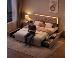 Tweepersoonsbed 160x200 Beige Stof – Met LED Hoofdbord & 4 Lades – Gestoffeerd Bed voor Slaapkamer