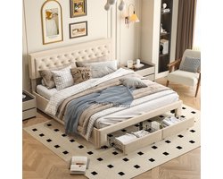 Tweepersoonsbed 160x200 cm – Beige fluwelen opbergbed met 2 lades aan voeteneind – Modern slaapkamerbed met extra opbergruimte