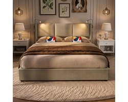 Tweepersoonsbed 160x200 cm Beige met Opbergruimte, 2 Leeslampjes met USB, Gasveren en Lattenbodem