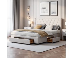 Tweepersoonsbed 160x200 cm – Gestoffeerd Bed met 3 Lade Opbergkasten – Beige, Linnen