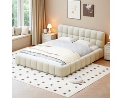 Tweepersoonsbed 160x200 cm, gestoffeerd, bolvormig bed, tienerbed, met gestoffeerd hoofdeinde, matras niet inbegrepen, linnen stof, beige