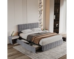 Tweepersoonsbed 160x200 cm – Gestoffeerd Opbergbed met 4 Lade van Metaal – Fluweel, Grijs