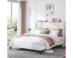 Tweepersoonsbed 160x200 cm - Gestoffeerd platformbedframe van 160x200 cm met stoffen hoofdbord, vleugelranddesign/antislip en geluidsarm/metalen lattenbodem/geen boxspring