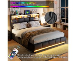 Tweepersoonsbed 160x200 cm – Gestoffeerd PU Bed met LED Verlichting, USB Opladen & Hydraulische Opbergruimte, Zwart