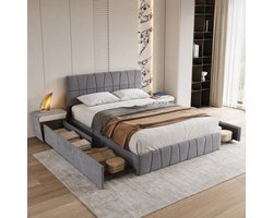 Tweepersoonsbed 160x200 cm, Grijs Fluwelen Gestoffeerd Bed met 4 Verrijdbare Opberglades en Extra Opbergruimte