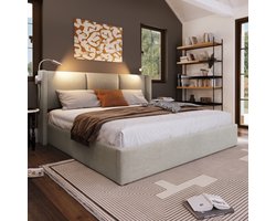 Tweepersoonsbed 160x200 cm - Heavy Duty Metalen Bedframe - Gestoffeerd Bed - Jongerenbed - Jeugdbed - Met LED Leeslamp & USB Poort - Opbergbed met Hydraulisch Hefsysteem - Inclusief Lattenbodem - Beige Linnen