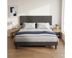 Tweepersoonsbed 160x200 cm - In Hoogte Verstelbaar Hoofdbord - Lattenbodem van Metaal en Hout - Gestoffeerd Bed van Linnen Moderne Stijl - Grijs