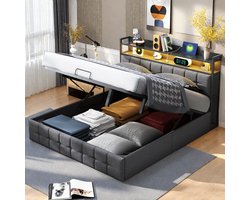 Tweepersoonsbed 160x200 cm – LED Hydraulisch Opbergbed met USB & Type-C, Hoofdbord met Verlichting, Grijs, Linnen