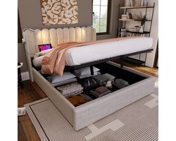 Tweepersoonsbed - 160x200 cm - Leeslamp en Oplaadfunctie - met Opbergruimte - Linnen - Naturel