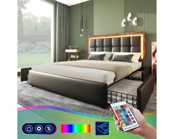 Tweepersoonsbed 160x200 cm met 4 lades en ledverlichting - Tweepersoonsbed met opbergruimte en in hoogte verstelbaar hoofdbord - Kunstleer - Zwart