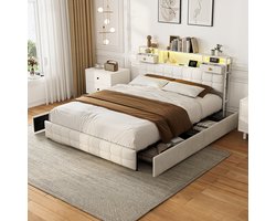 Tweepersoonsbed 160x200 cm met 4 opberglades, gestoffeerd bed met led-/USB-aansluiting, bedframe met hoofdbord en lattenbodem, fluweel Beige