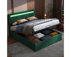Tweepersoonsbed 160x200 cm met LED, Opbergruimte – Hydraulisch Gestoffeerd Bed met Lattenbodem – Groen – Functiebed (zonder matras)