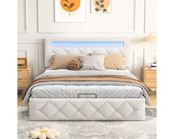 Tweepersoonsbed 160x200 cm - met LED-verlichting en hydraulische opbergruimte, functioneel bed met verstelbaar hoofdeinde, belastbaar tot 300 kg, Geschikt voor tieners / volwassenen, fluweel