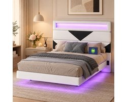 Tweepersoonsbed 160x200 cm met ledverlichting en 2 USB-poorten, Gestoffeerd met lattenbodem en verstelbaar hoofdeinde, bedframe voor 2 personen, fluweel Wit
