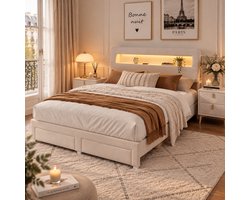 Tweepersoonsbed 160x200 cm met ledverlichting en USB-poort, bed met open planken en verborgen opbergruimte in het gestoffeerde hoofdeinde, bedframe met 2 lades en lattenbodem, fluweel Beige
