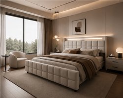 Tweepersoonsbed 160x200 cm met Opbergruimte – 4 Lades, LED-Hoofdbord, USB-Oplaadfunctie, Beige Linnen