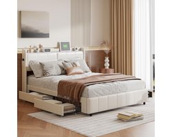 Tweepersoonsbed 160x200 cm met Opbergruimte en USB-poort, Wit PU