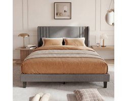 Tweepersoonsbed 160x200 cm met Opbergruimte – Gestoffeerd Bedframe van Grijs Linnen met Gestreept Hoofdbord – Stevig en Stil